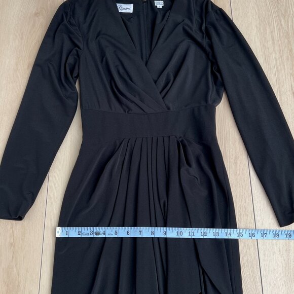Vintage 80s Rimini Long Sleeve V-Neck Draped Tea Length Midi Black Dress Size 6 - Picture 11 of 14